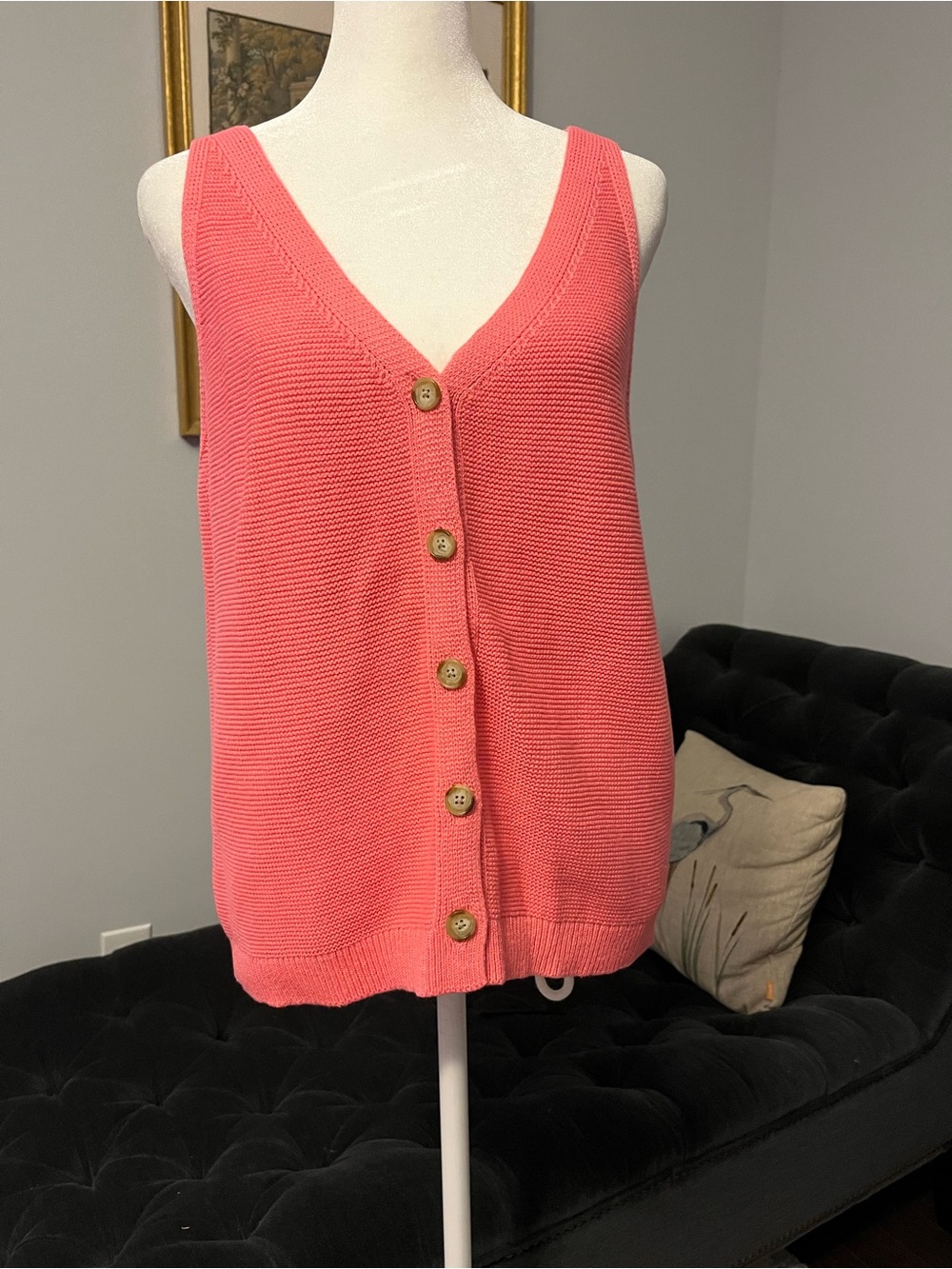 LOFT Coral Pink V-Neck Button-Front Knit Sweater Vest